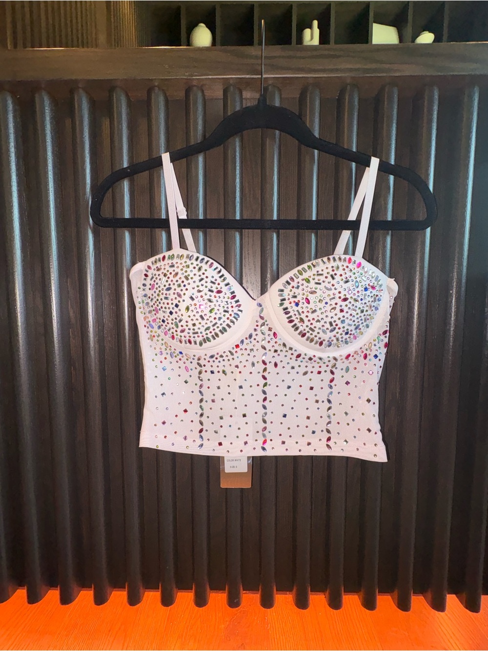 White Embellished Bustier Crop Top with Multicolor Rhinestones